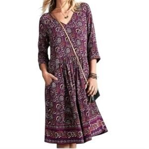 Garnet Hill Drop Waist Boho Pocket Dress Purple Orange Paisley Flowers Size 8